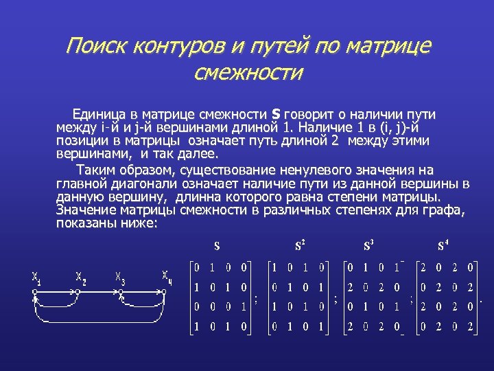 Поиск контуров и путей по матрице смежности Единица в матрице смежности S говорит о