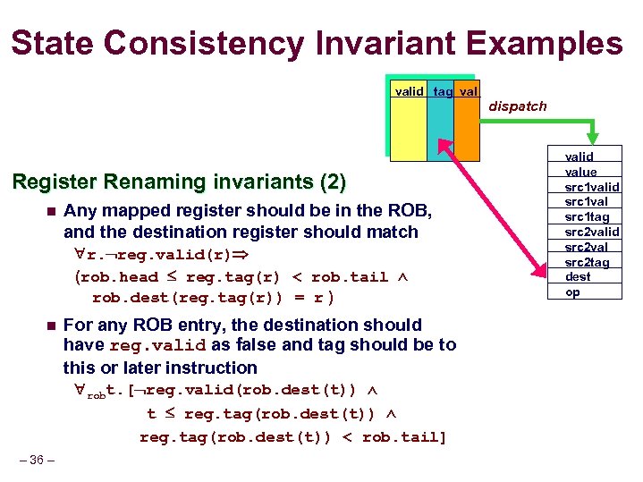 State Consistency Invariant Examples valid tag val Register Renaming invariants (2) n Any mapped