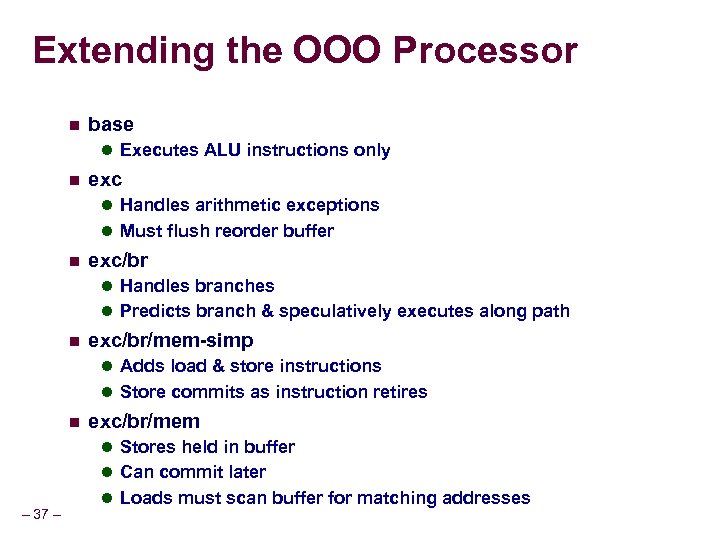 Extending the OOO Processor n base l Executes ALU instructions only n exc l