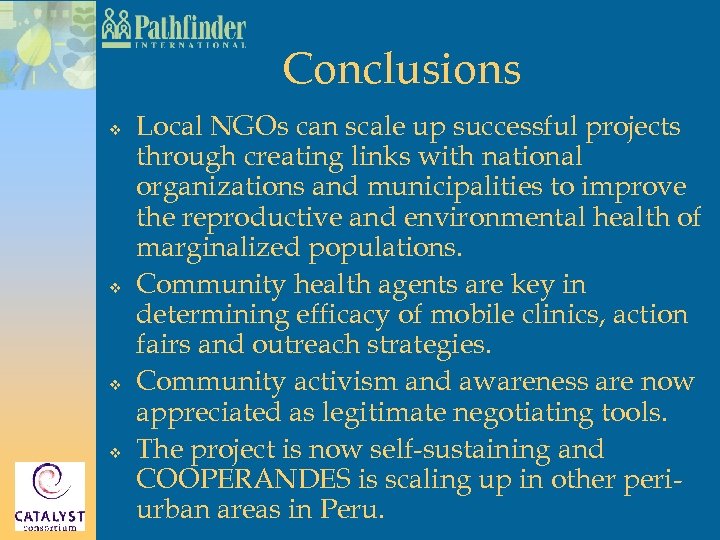 Conclusions v v Local NGOs can scale up successful projects through creating links with