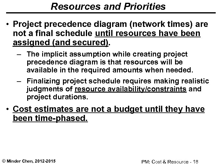 Resources and Priorities • Project precedence diagram (network times) are not a final schedule