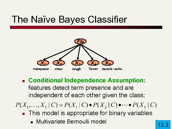The Naïve Bayes Classifier Flu X 1 runnynose n n X 2 sinus X