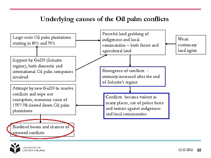 Underlying causes of the Oil palm conflicts Large-scale Oil palm plantations starting in 80’s