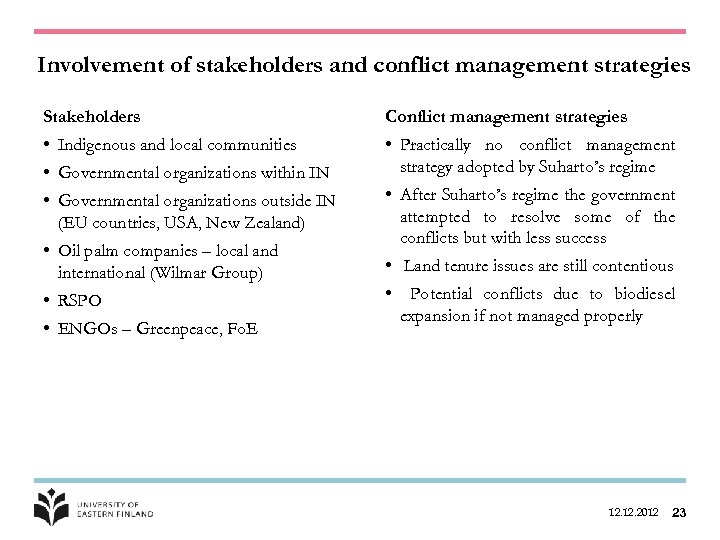 Involvement of stakeholders and conflict management strategies Stakeholders Conflict management strategies • Indigenous and