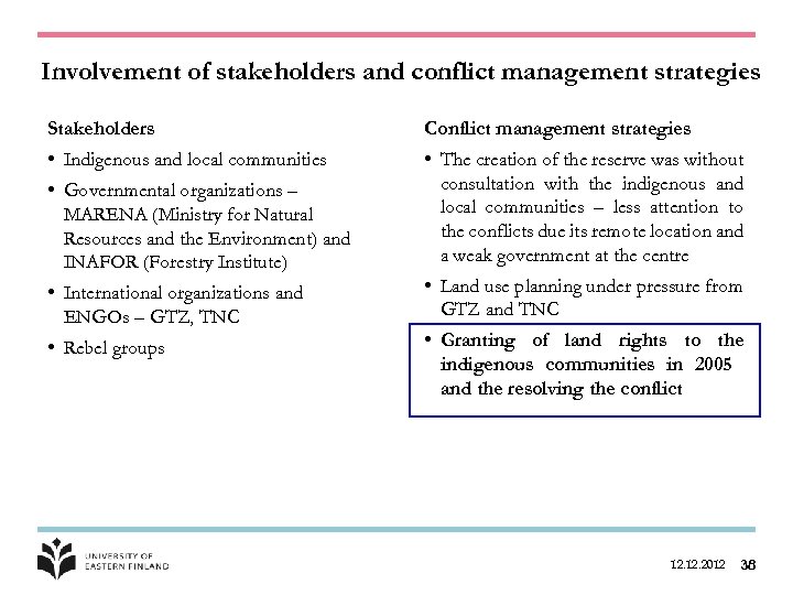 Involvement of stakeholders and conflict management strategies Stakeholders Conflict management strategies • Indigenous and