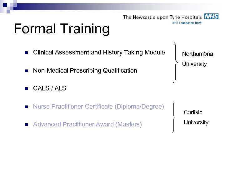 Formal Training n Clinical Assessment and History Taking Module n Non-Medical Prescribing Qualification n