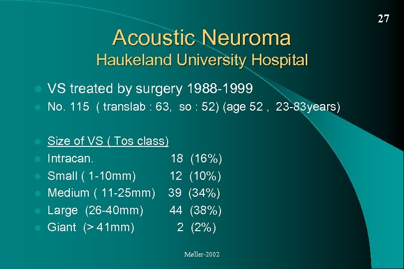 27 Acoustic Neuroma Haukeland University Hospital l VS treated by surgery 1988 -1999 l