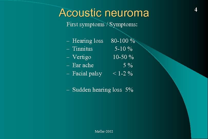 Acoustic neuroma First symptoms / Symptoms: – – – Hearing loss Tinnitus Vertigo Ear