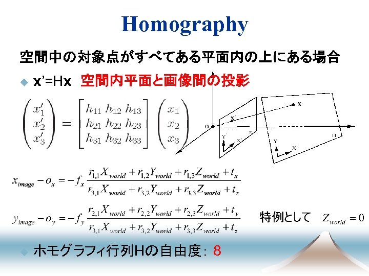 Homography 空間中の対象点がすべてある平面内の上にある場合 u x’=Hx　空間内平面と画像間の投影 u ホモグラフィ行列Hの自由度： 8 