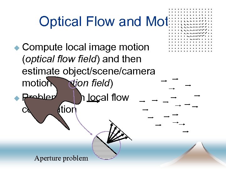 Optical Flow and Motion u Compute local image motion (optical flow field) and then