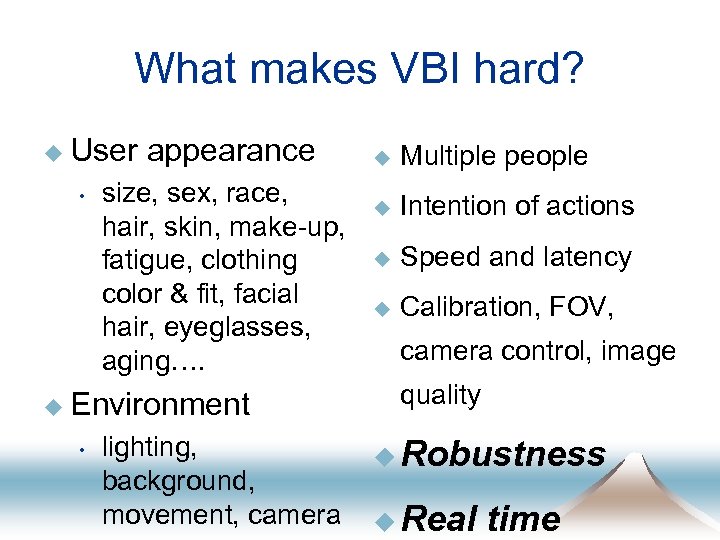 What makes VBI hard? u User • appearance size, sex, race, hair, skin, make-up,