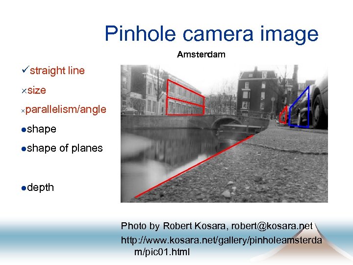 Pinhole camera image Amsterdam üstraight line ´size ´parallelism/angle lshape of planes ldepth Photo by