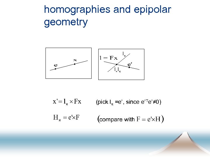 homographies and epipolar geometry (pick lp =e’, since e’Te’≠ 0) 