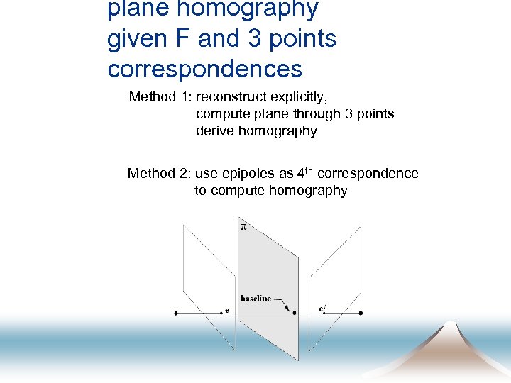 plane homography given F and 3 points correspondences Method 1: reconstruct explicitly, compute plane