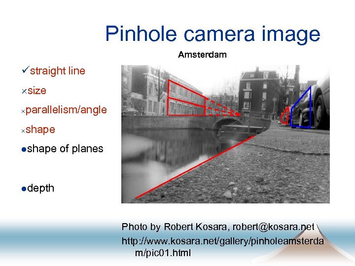 Pinhole camera image Amsterdam üstraight line ´size ´parallelism/angle ´shape lshape of planes ldepth Photo