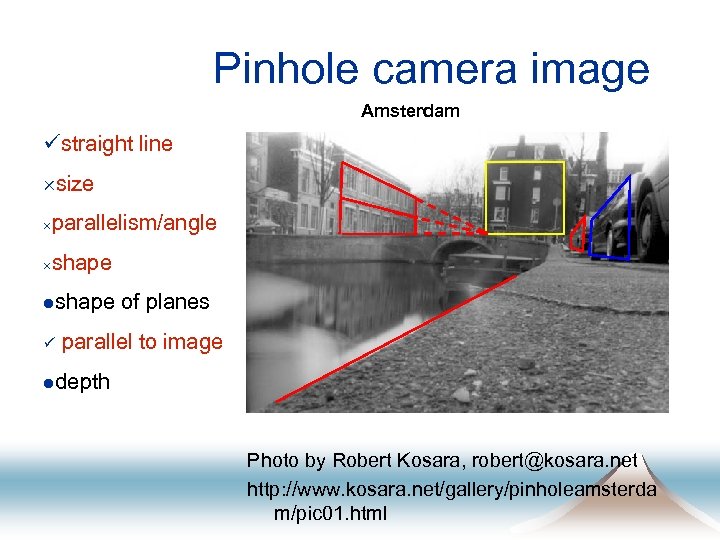 Pinhole camera image Amsterdam üstraight line ´size ´parallelism/angle ´shape lshape ü of planes parallel