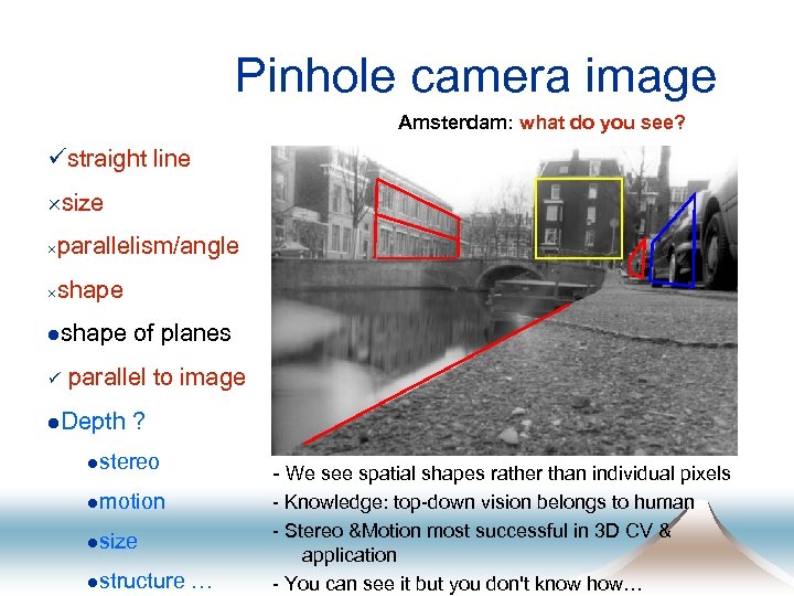 Pinhole camera image Amsterdam: what do you see? üstraight line ´size ´parallelism/angle ´shape lshape