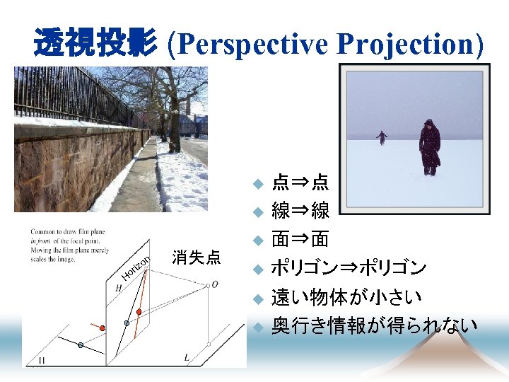 透視投影 (Perspective Projection) u u n Ho o riz 消失点 u u 点⇒点 線⇒線