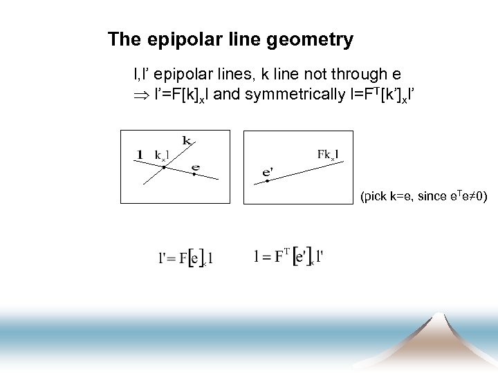 The epipolar line geometry l, l’ epipolar lines, k line not through e l’=F[k]xl