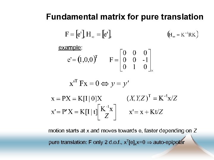 Fundamental matrix for pure translation example: motion starts at x and moves towards e,