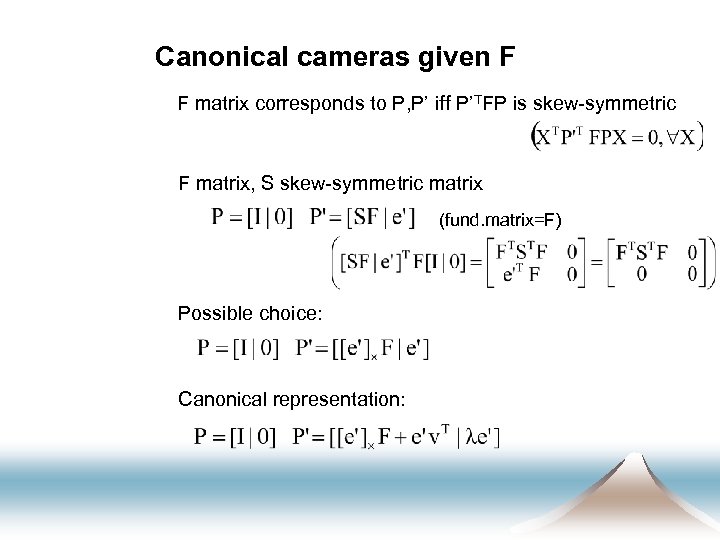 Canonical cameras given F F matrix corresponds to P, P’ iff P’TFP is skew-symmetric