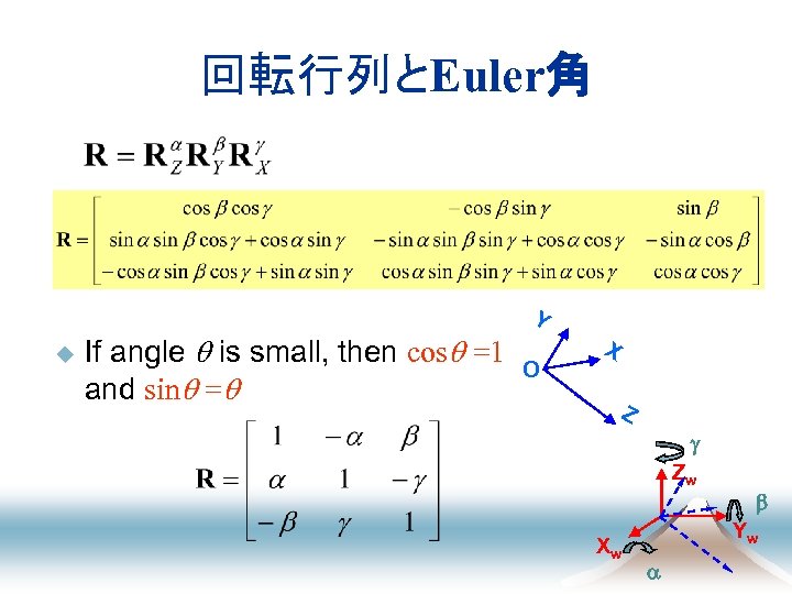回転行列とEuler角 Y u If angle is small, then cos =1 and sin = O