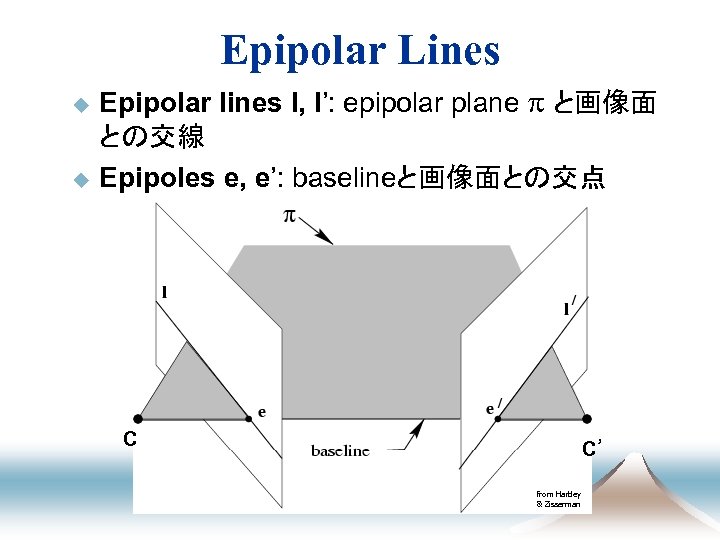 Epipolar Lines u u Epipolar lines l, l’: epipolar plane p と画像面 との交線 Epipoles