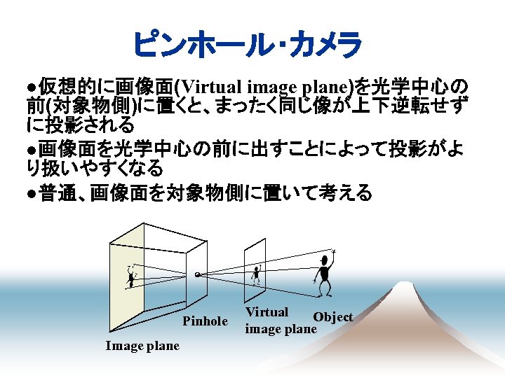 ピンホール･カメラ ●仮想的に画像面(Virtual image plane)を光学中心の 前(対象物側)に置くと、まったく同じ像が上下逆転せず に投影される ●画像面を光学中心の前に出すことによって投影がよ り扱いやすくなる ●普通、画像面を対象物側に置いて考える Pinhole Image plane Virtual Object