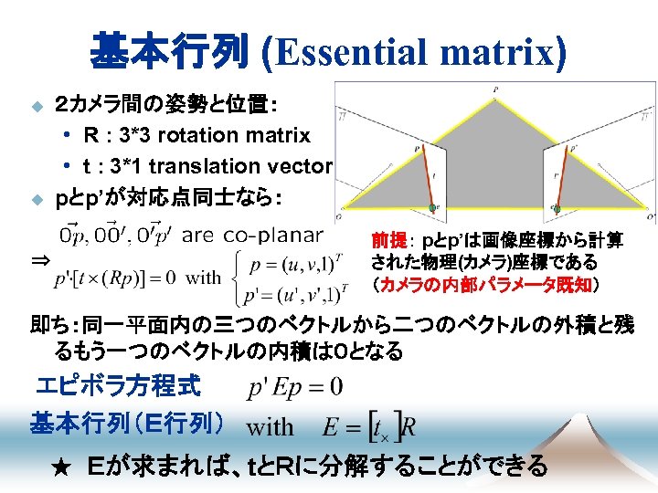 基本行列 (Essential matrix) ２カメラ間の姿勢と位置： • R : 3*3 rotation matrix • t : 3*1