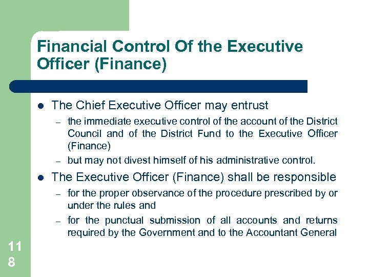Financial Control Of the Executive Officer (Finance) l The Chief Executive Officer may entrust