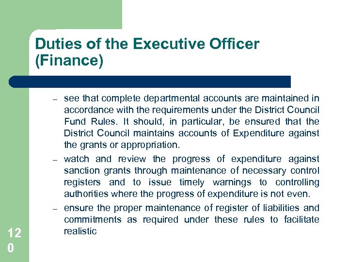 Duties of the Executive Officer (Finance) – – – 12 0 see that complete