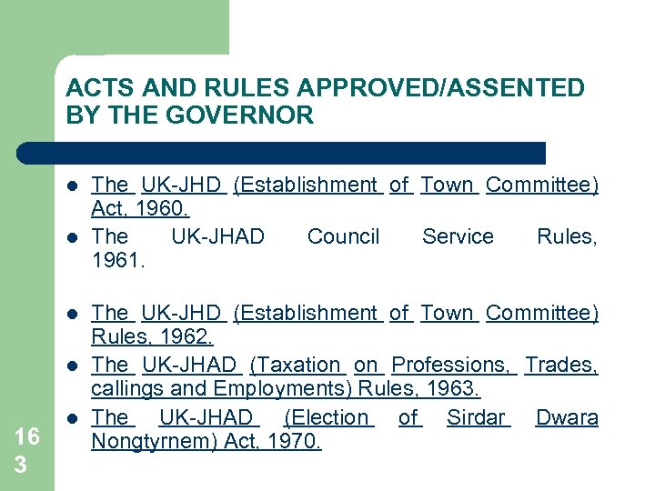 ACTS AND RULES APPROVED/ASSENTED BY THE GOVERNOR l l 16 3 l The UK-JHD