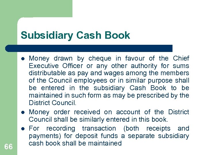 Subsidiary Cash Book l l l 66 Money drawn by cheque in favour of