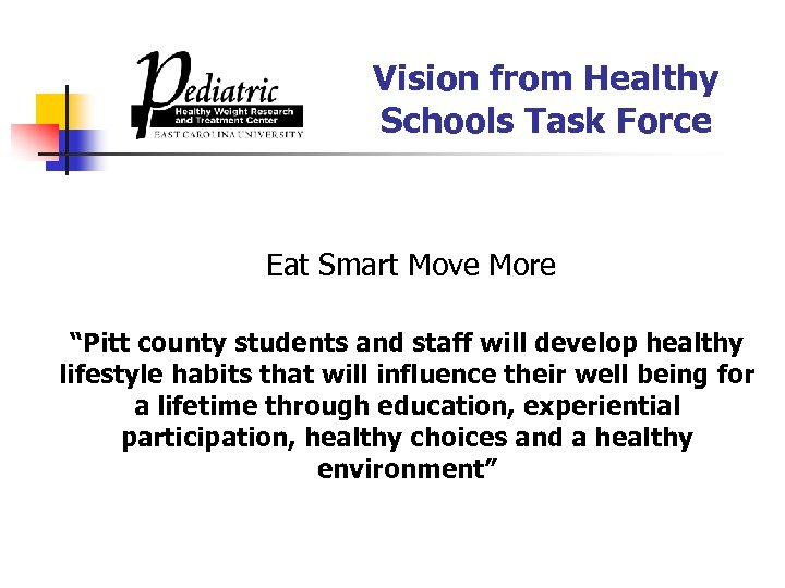 Vision from Healthy Schools Task Force Eat Smart Move More “Pitt county students and