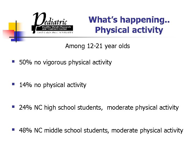 What’s happening. . Physical activity Among 12 -21 year olds § 50% no vigorous