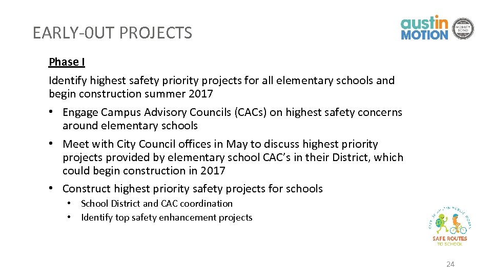 EARLY-0 UT PROJECTS Phase I Identify highest safety priority projects for all elementary schools