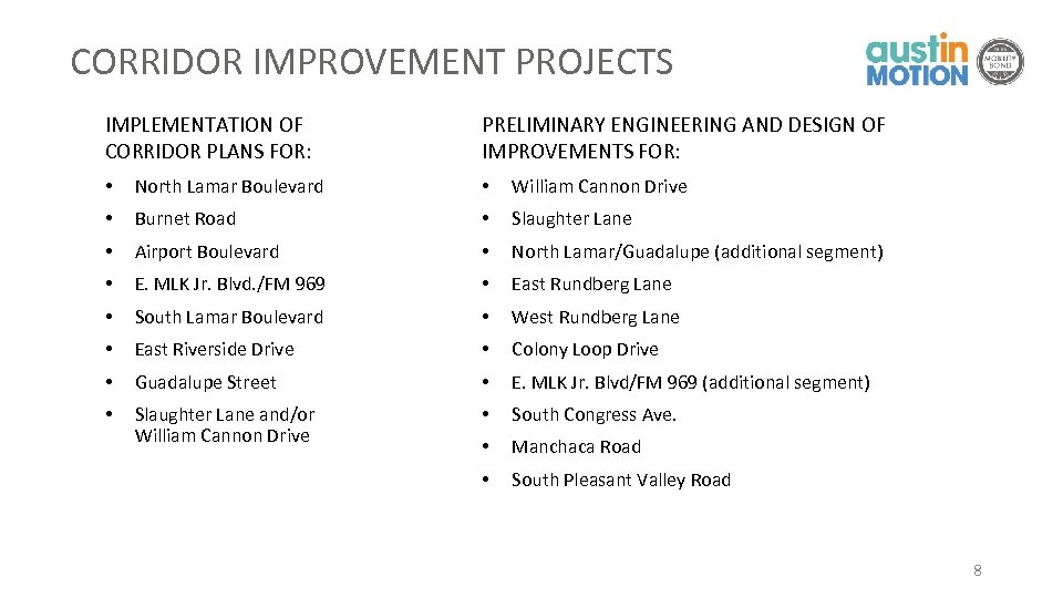 CORRIDOR IMPROVEMENT PROJECTS IMPLEMENTATION OF CORRIDOR PLANS FOR: PRELIMINARY ENGINEERING AND DESIGN OF IMPROVEMENTS