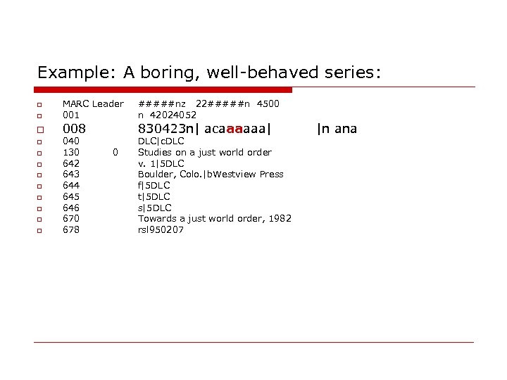 Example: A boring, well-behaved series: MARC Leader 001 #####nz 22#####n 4500 n 42024052 008