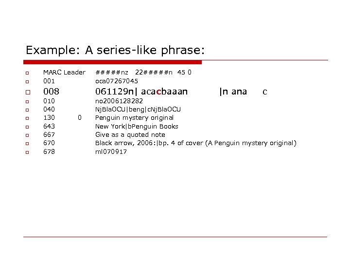 Example: A series-like phrase: MARC Leader 001 #####nz 22#####n 45 0 oca 07267045 008