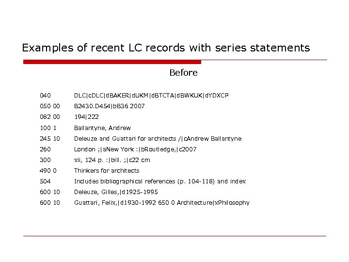Examples of recent LC records with series statements Before 040 DLC|c. DLC|d. BAKER|d. UKM|d.
