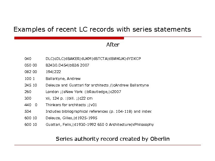 Examples of recent LC records with series statements After 040 DLC|c. DLC|d. BAKER|d. UKM|d.