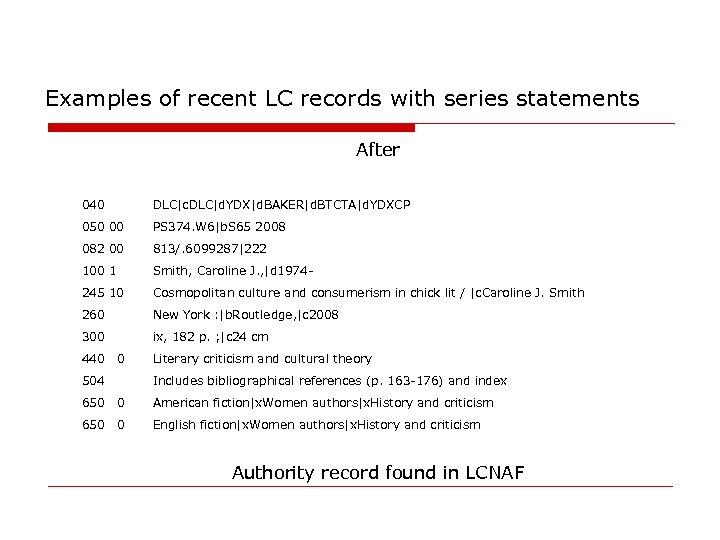 Examples of recent LC records with series statements After 040 DLC|c. DLC|d. YDX|d. BAKER|d.