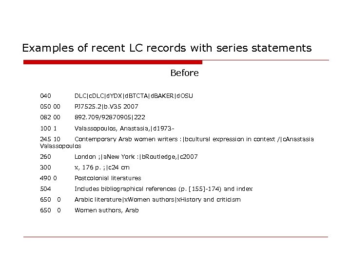 Examples of recent LC records with series statements Before 040 DLC|c. DLC|d. YDX|d. BTCTA|d.