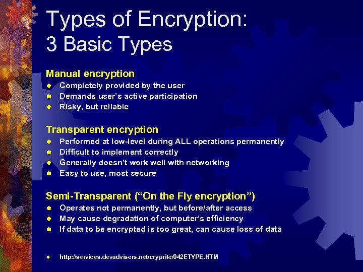 Types of Encryption: 3 Basic Types Manual encryption Completely provided by the user ®