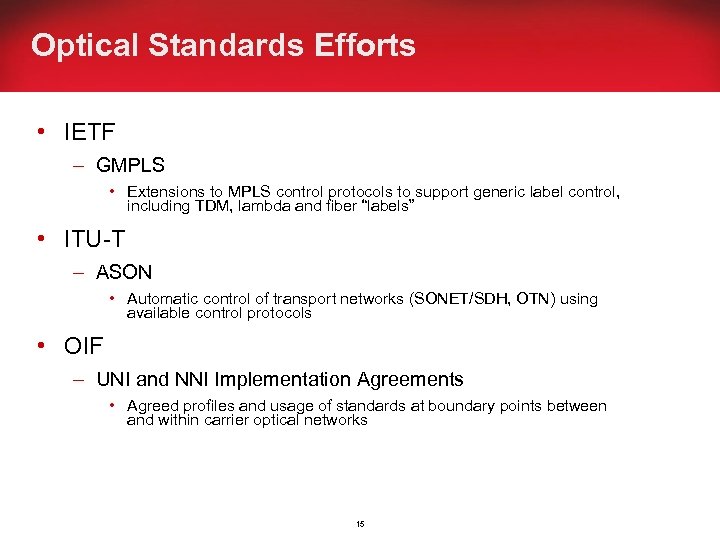 Optical Standards Efforts • IETF – GMPLS • Extensions to MPLS control protocols to