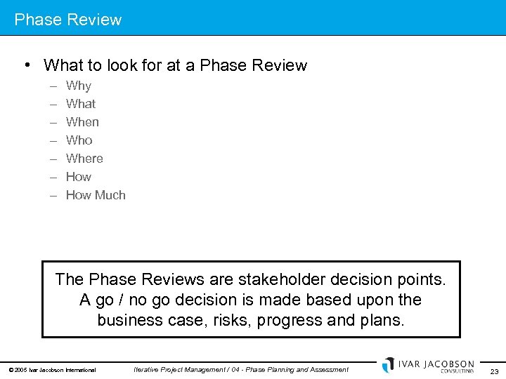 Phase Review • What to look for at a Phase Review – – –