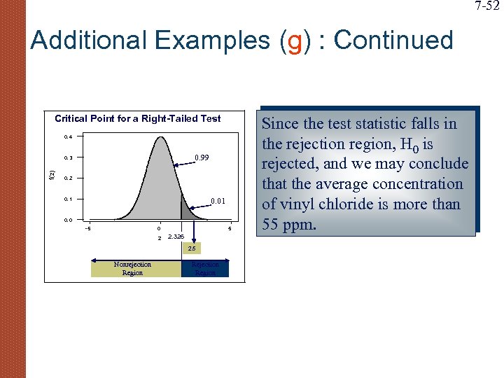 7 -52 Additional Examples (g) : Continued Critical Point for a Right-Tailed Test 0.