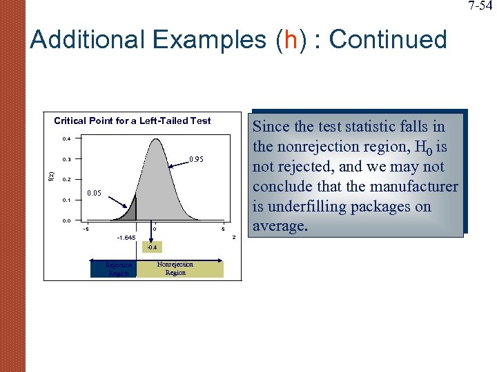 7 -54 Additional Examples (h) : Continued Critical Point for a Left-Tailed Test 0.