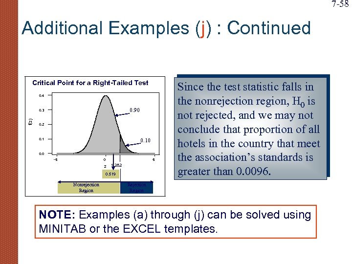 7 -58 Additional Examples (j) : Continued Critical Point for a Right-Tailed Test 0.