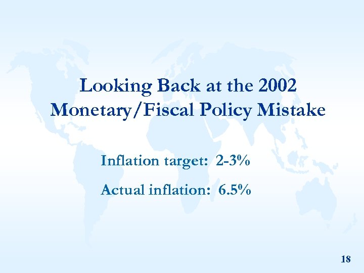 Looking Back at the 2002 Monetary/Fiscal Policy Mistake Inflation target: 2 -3% Actual inflation: